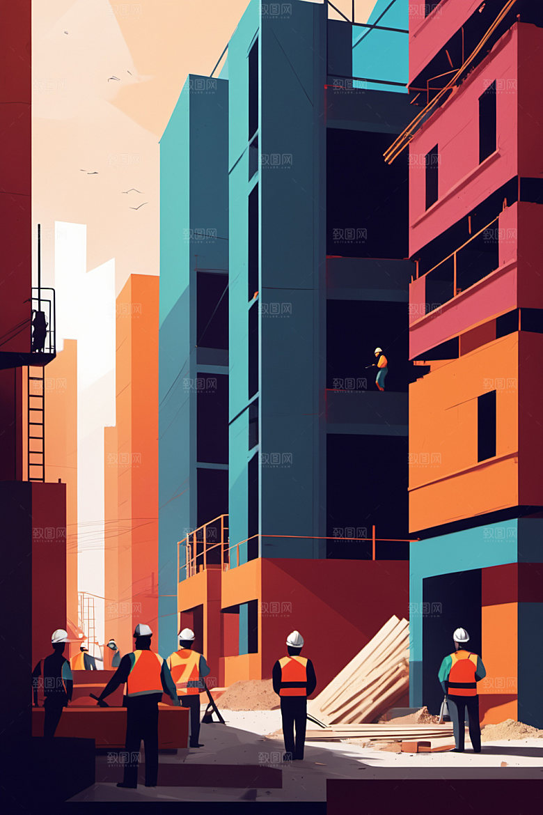 彩色工人建筑生产插画