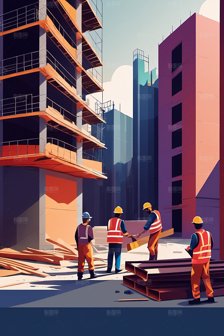彩色工人工厂建设插画