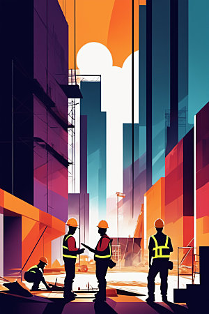 彩色工人建设工地插画