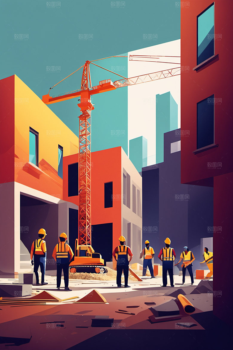 彩色工人建设艺术插画