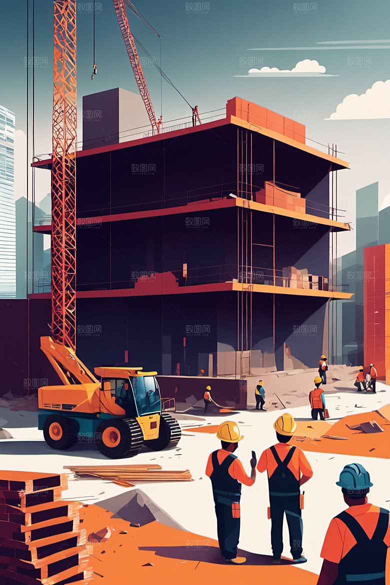 彩色工人建筑工地插画