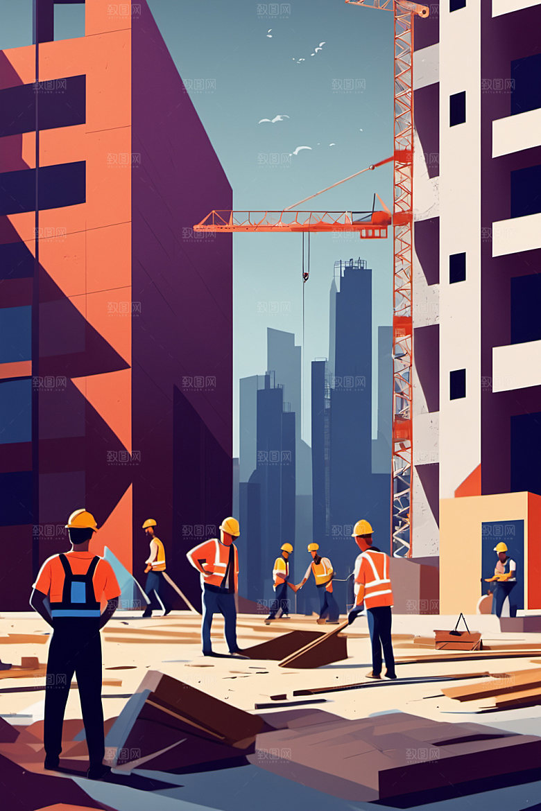 彩色工人建筑工地插画