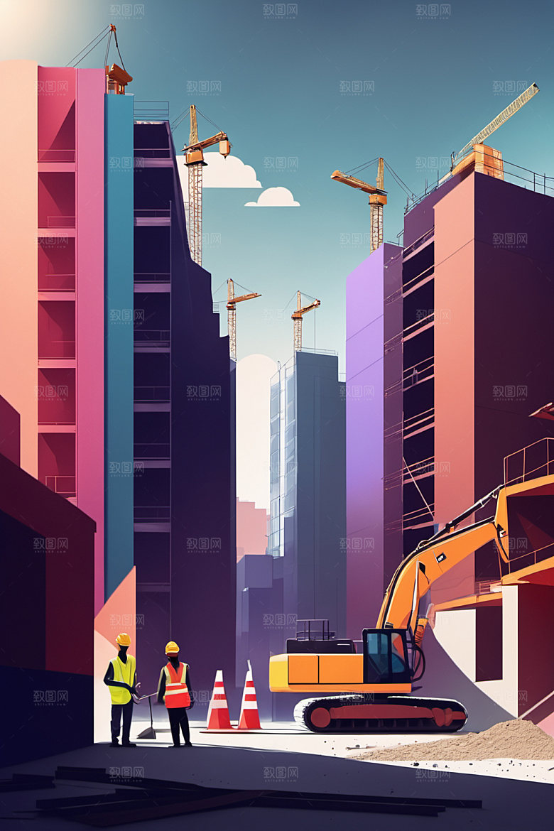 彩色工人工厂建设插画