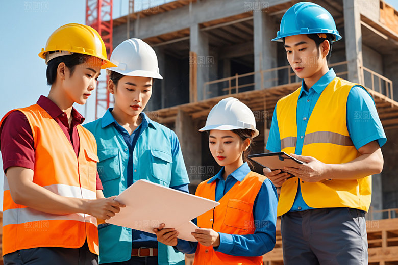 彩色工人工地建设插画