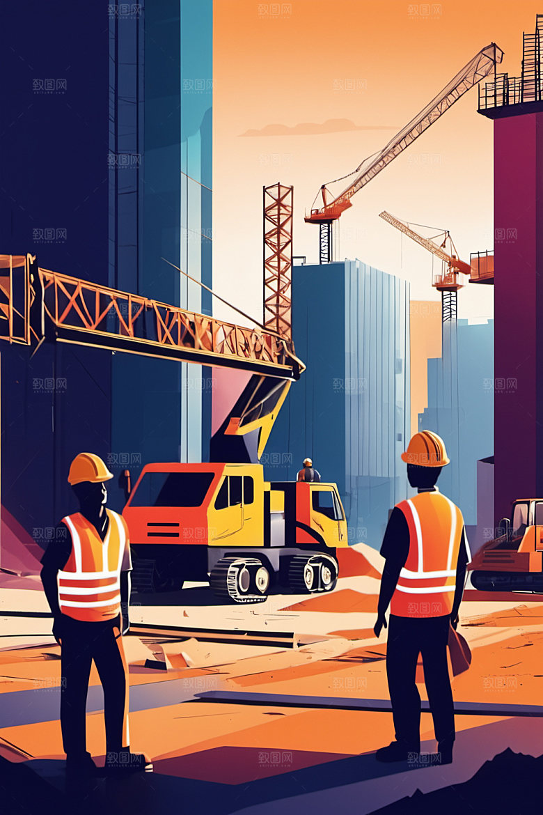 彩色工人人物建筑插画