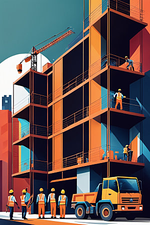 彩色工人建筑工厂插画