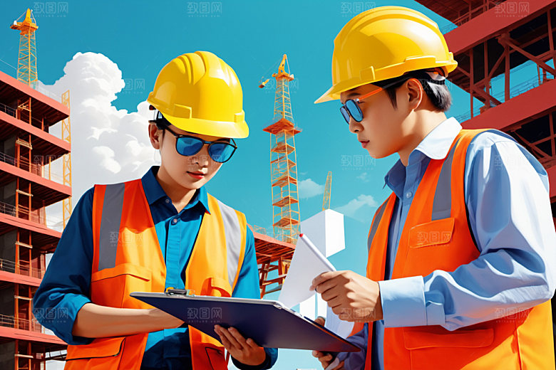 彩色工人工地建筑插画