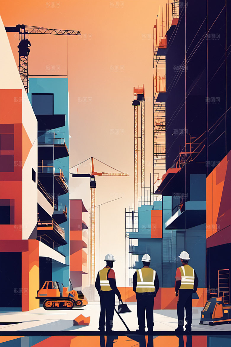 彩色工人工厂建筑插画