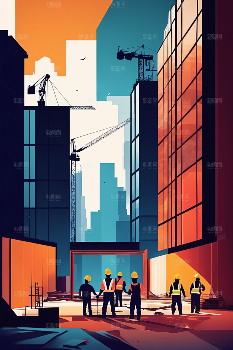 彩色工人建筑艺术插画
