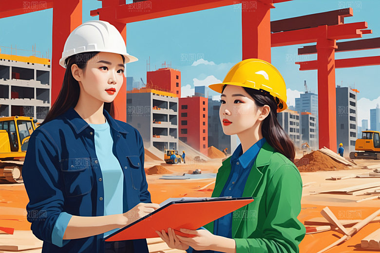 彩色工人建设工厂插画