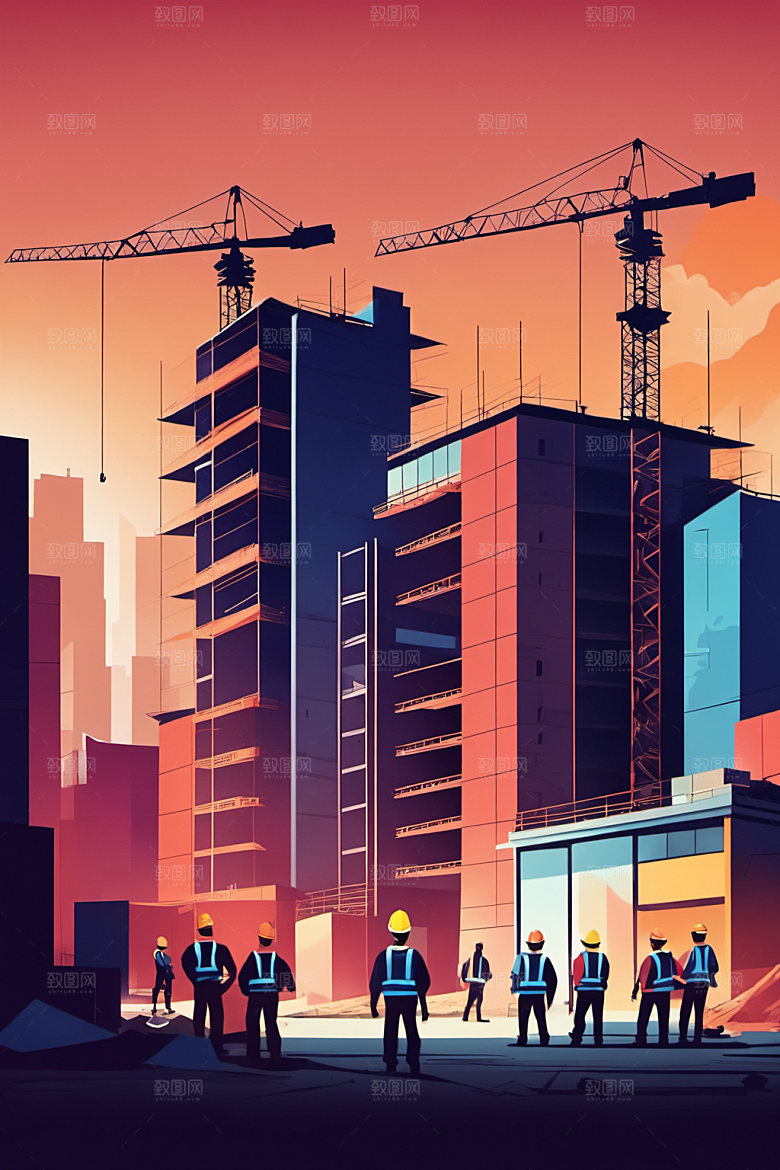 彩色工人建筑人物插画