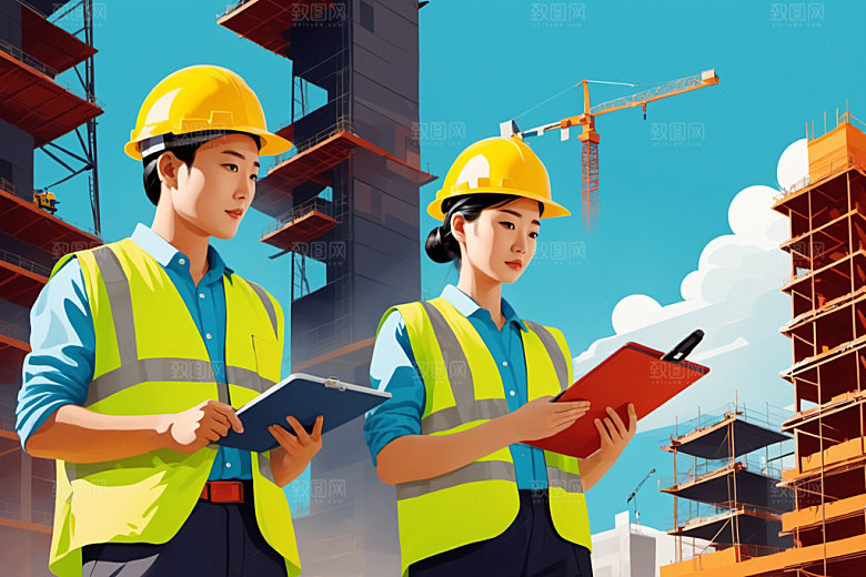 彩色工人工地工厂插画