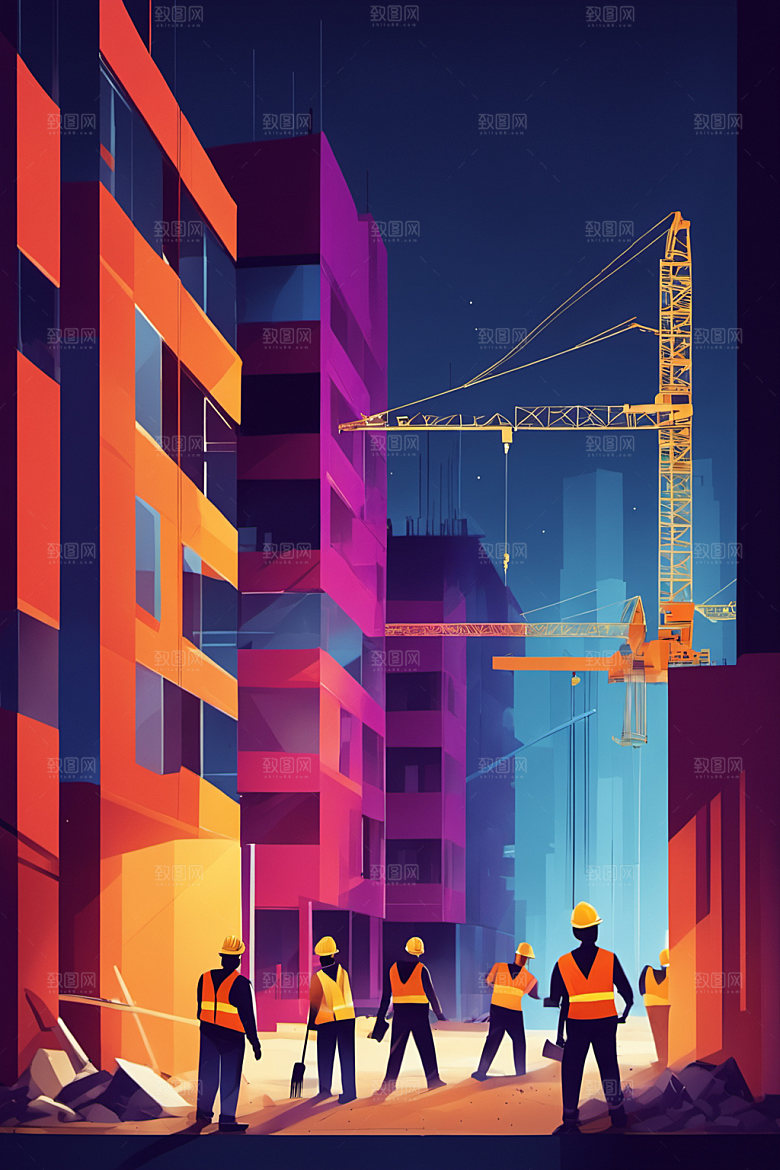 彩色工人工地建设插画