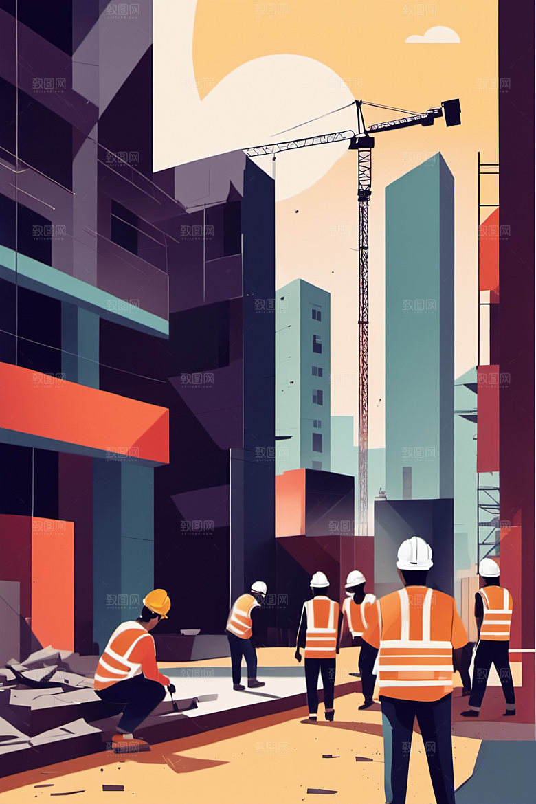 彩色工人人物建筑插画