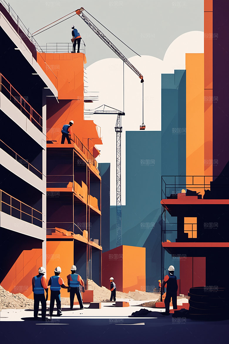 彩色工人人物建筑插画
