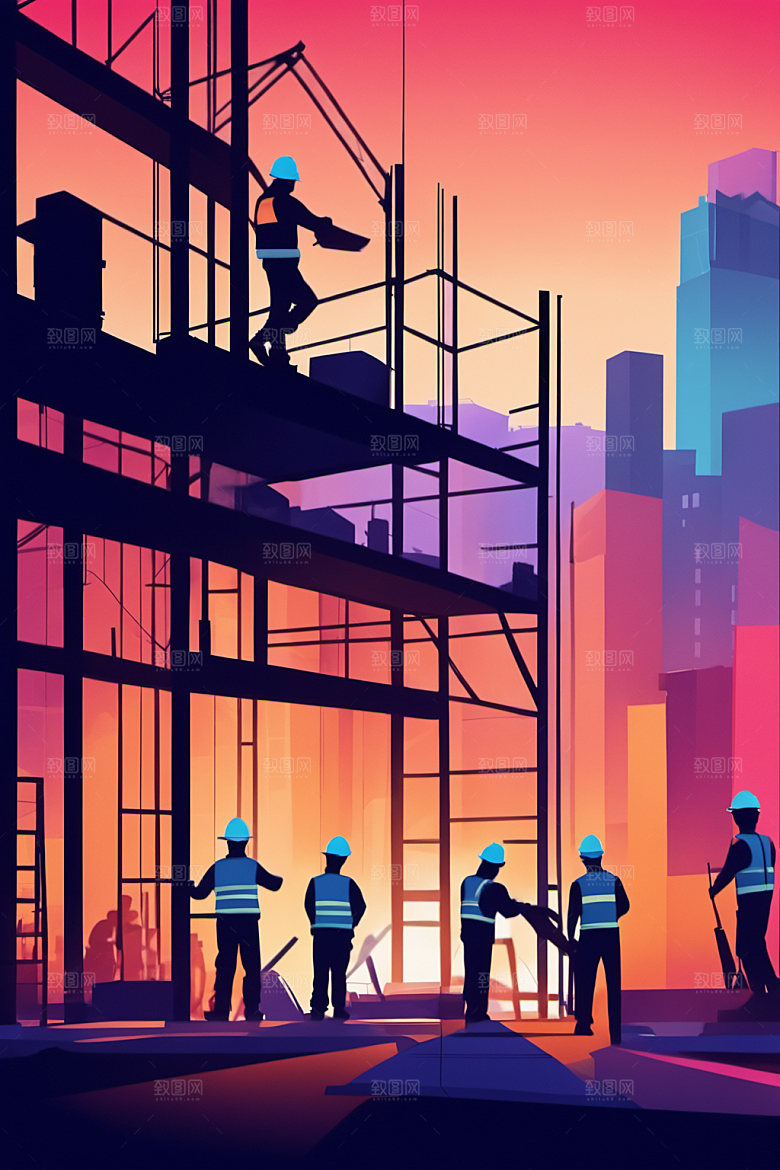 彩色工人建筑工厂插画
