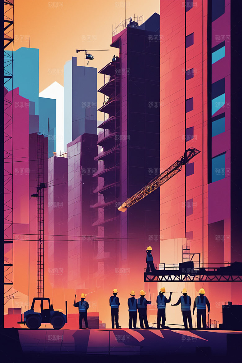 彩色工人工地建设插画