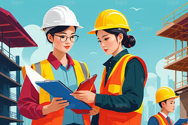 彩色工人工地工厂插画