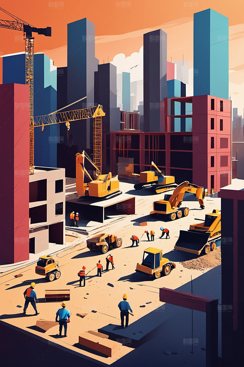 彩色工人建筑人物插画