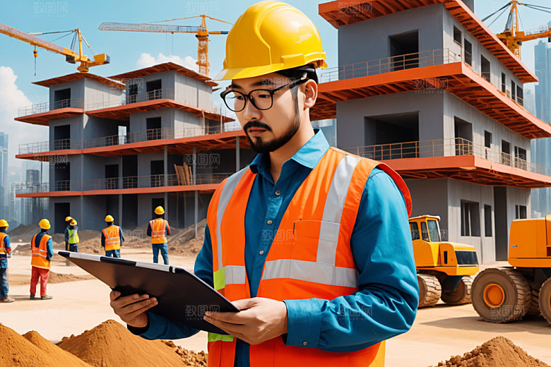 彩色工人建设工地插画