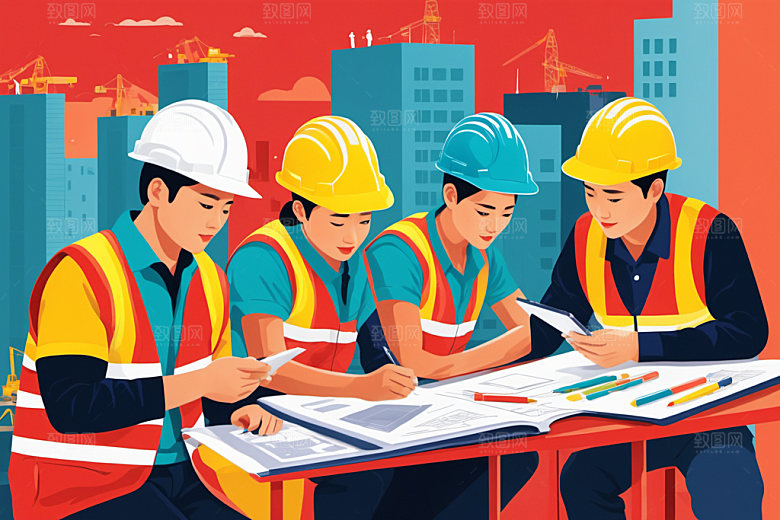彩色工人建筑工厂插画