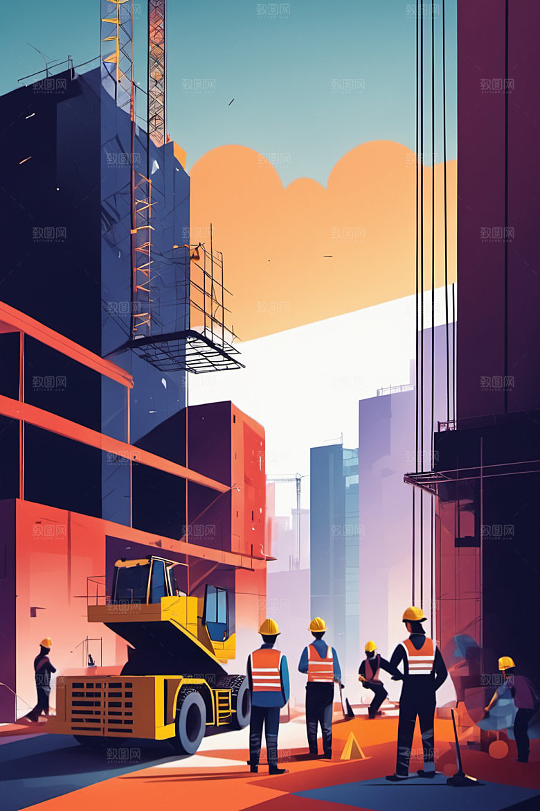 彩色工人建筑生产插画