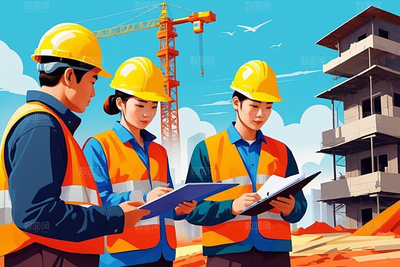 彩色工人工地建设插画