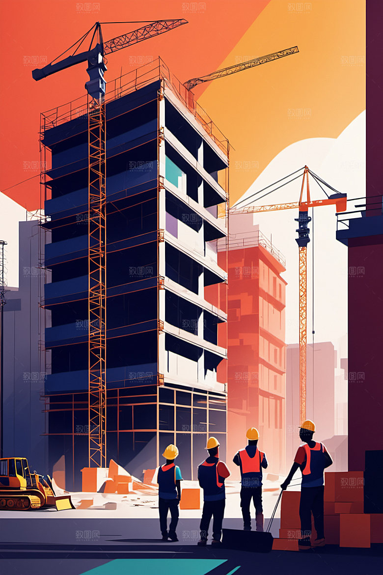 彩色工人建筑涂鸦插画