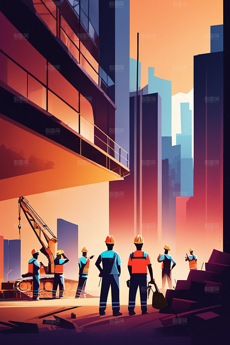 彩色工人建设建筑插画