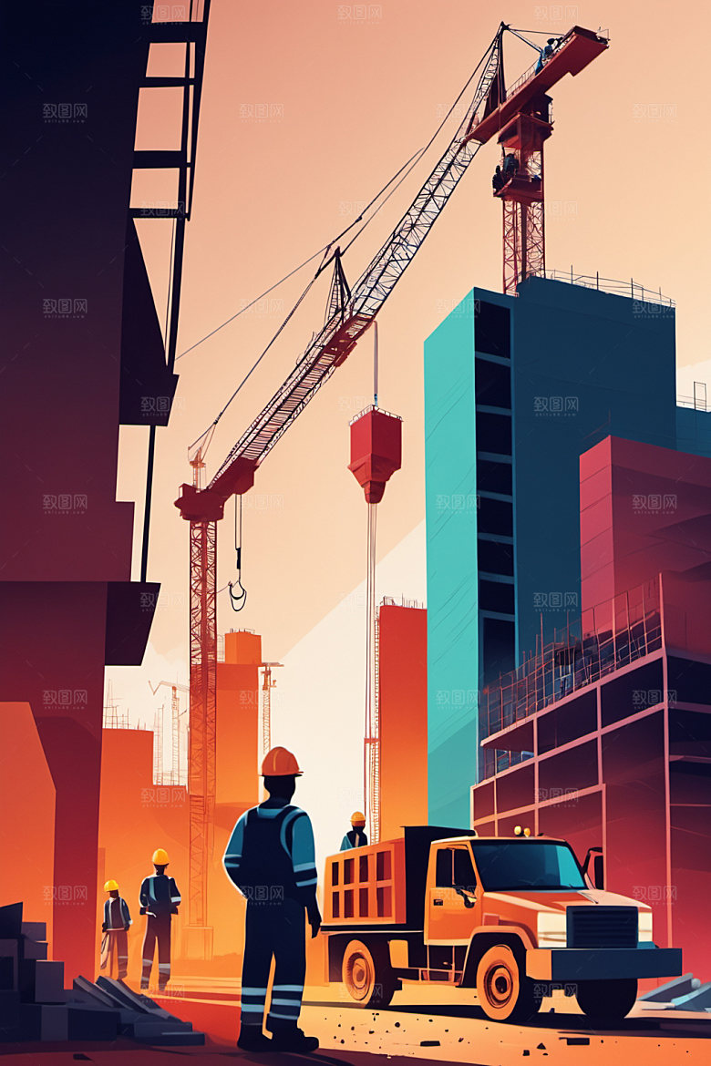 彩色工人建筑工厂插画