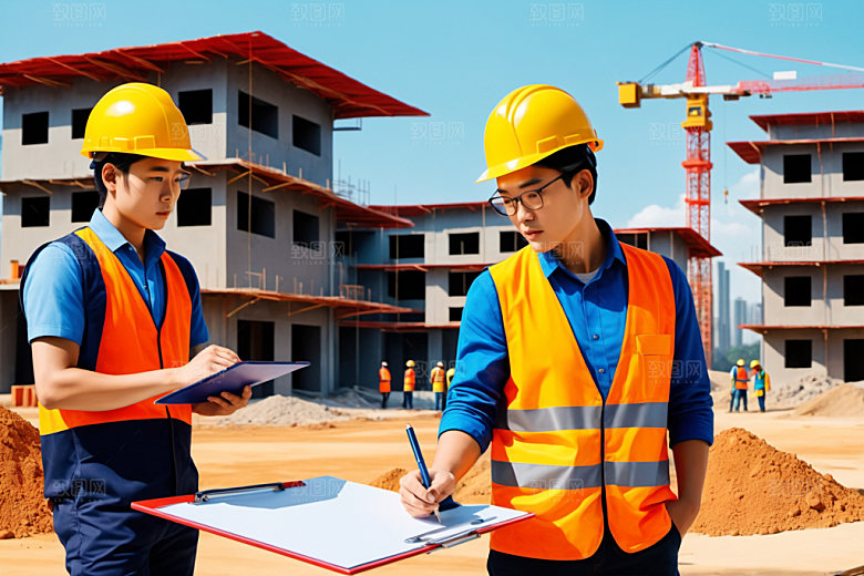 彩色工人工地建设插画