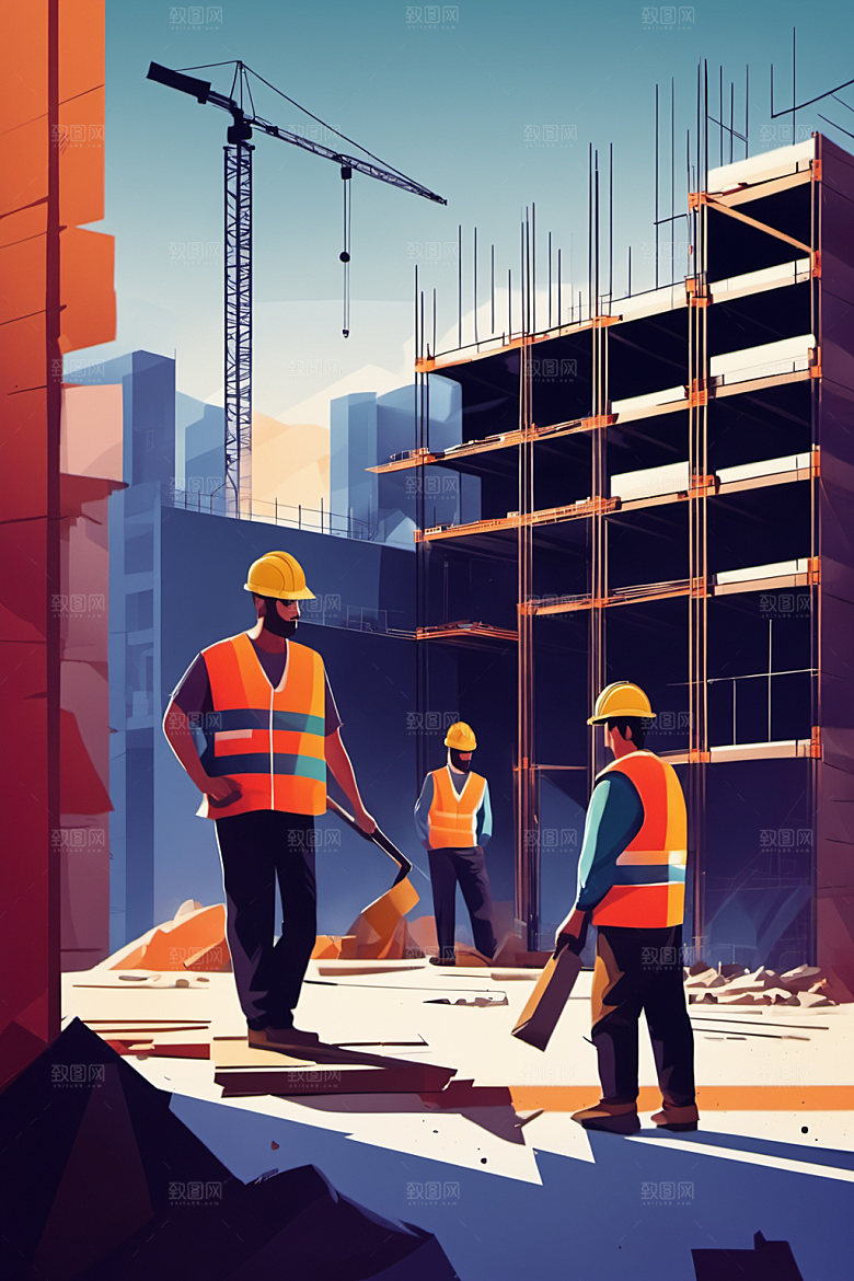 彩色工人建设建筑插画