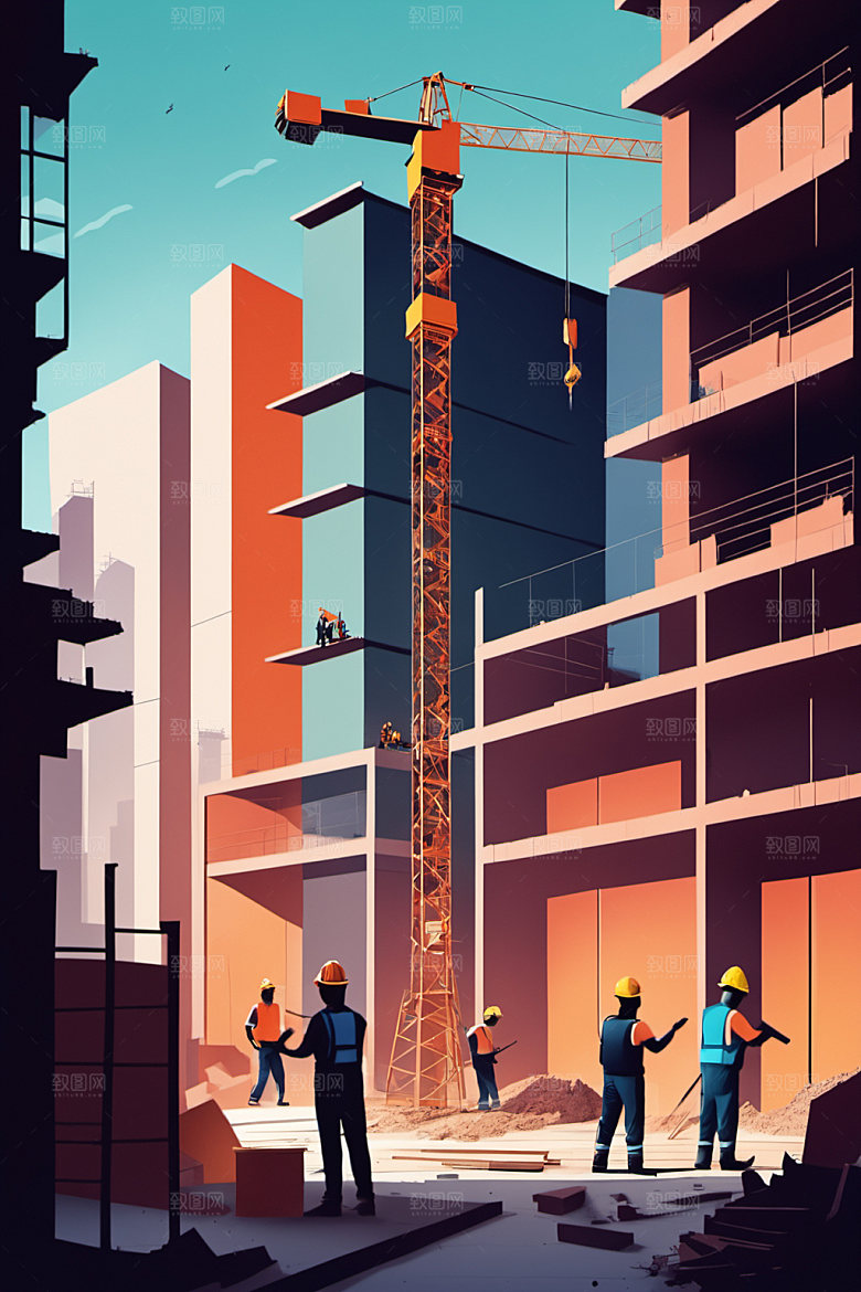 彩色工人建设风格化插画