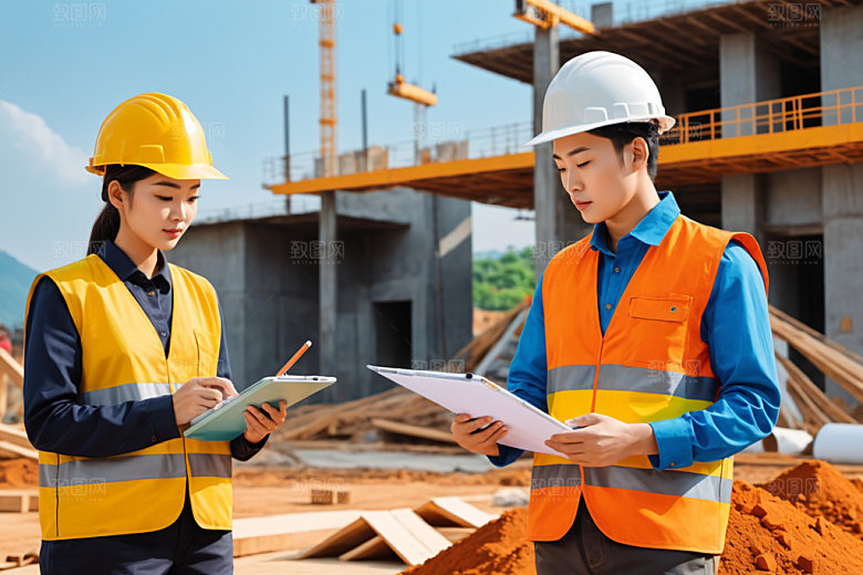 彩色工人工地建设插画