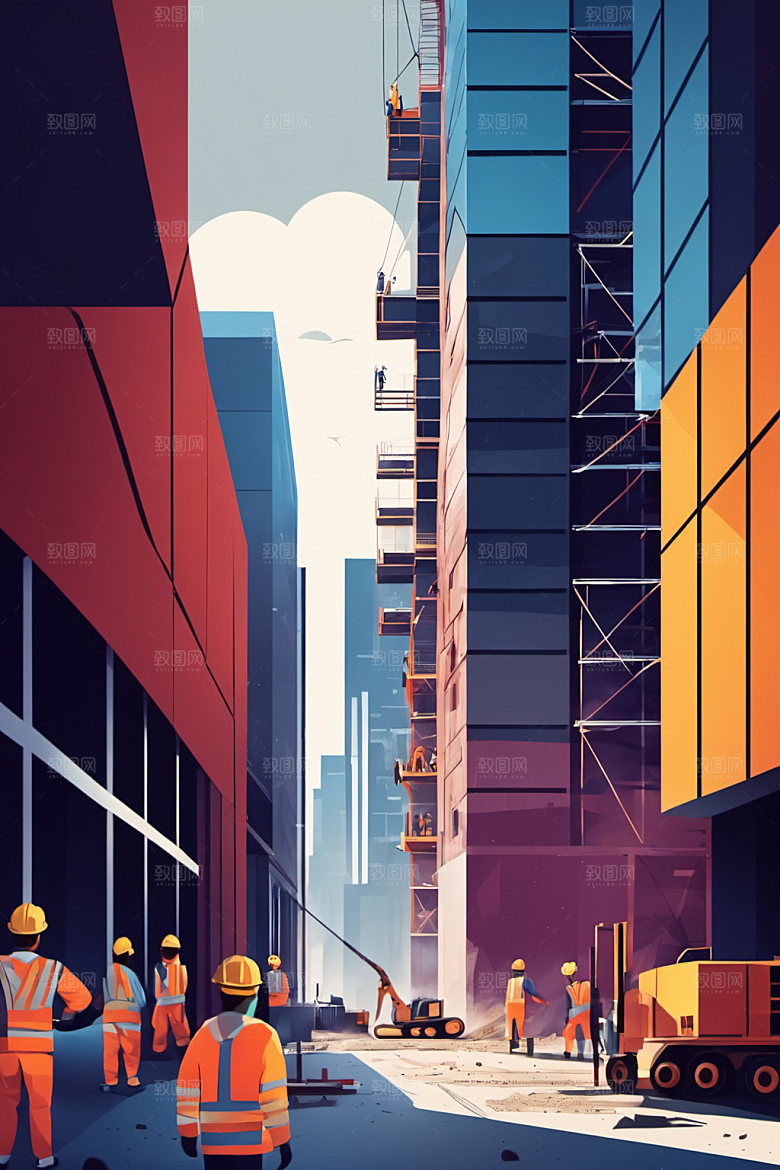 彩色工人建设艺术插画