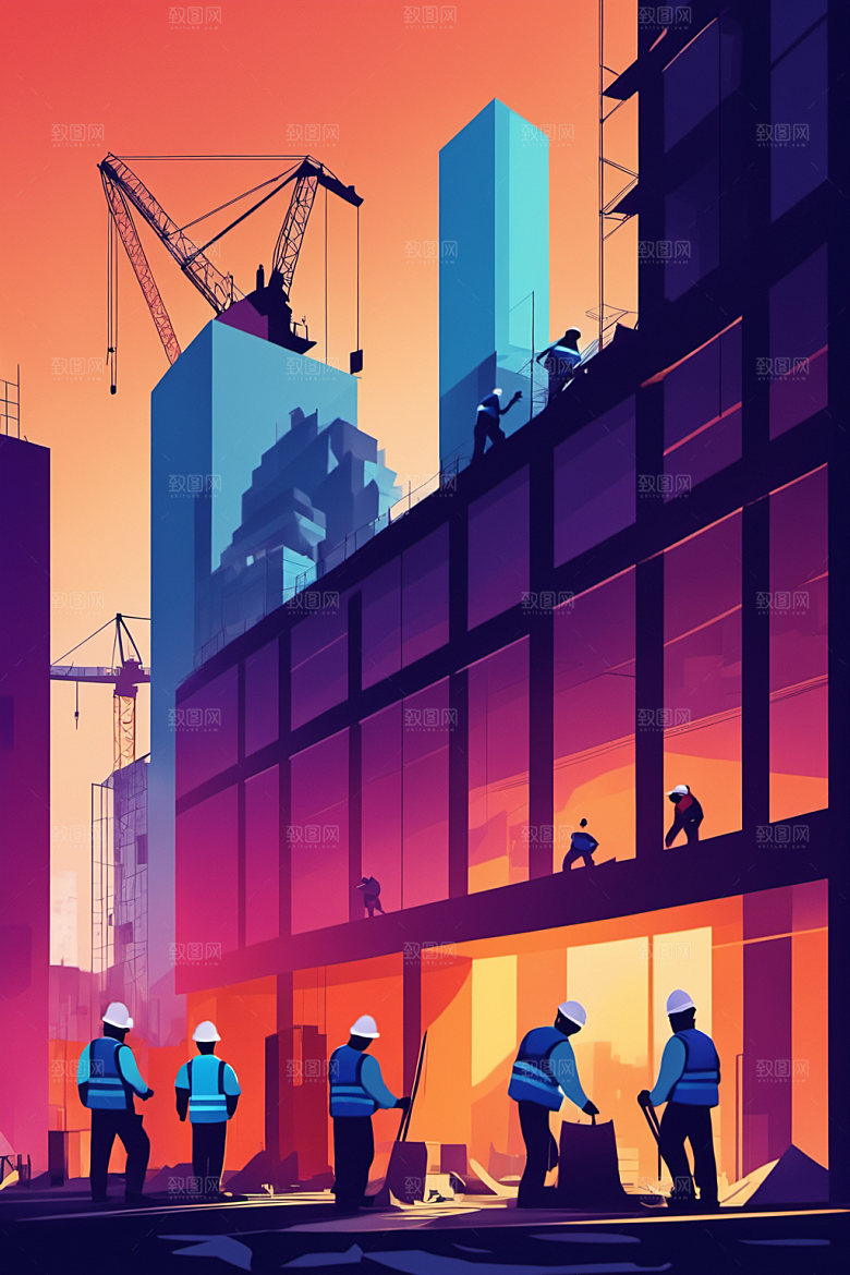 彩色工人建设艺术插画