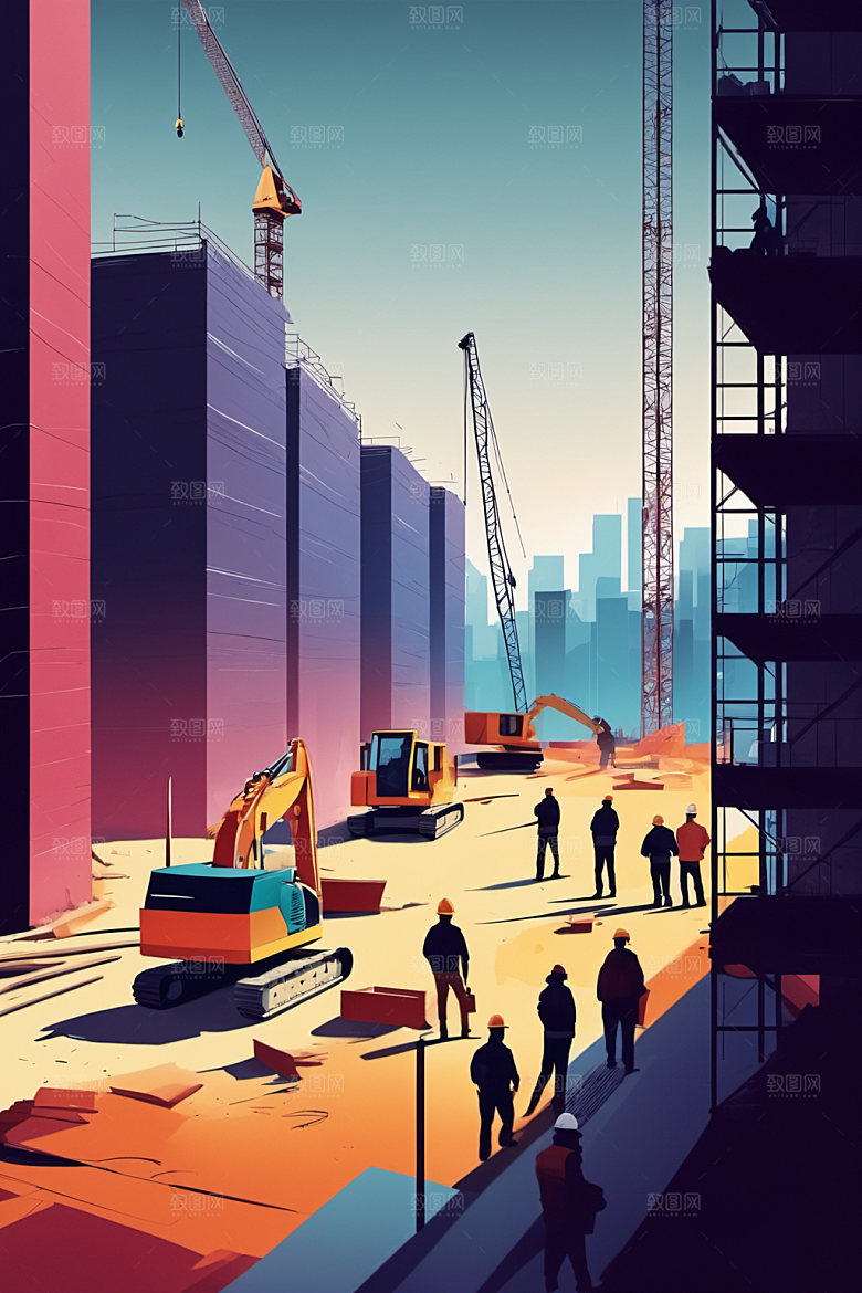 彩色工人建设建筑插画