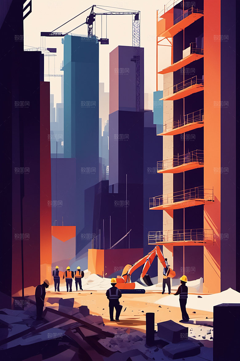 彩色工人建筑工厂插画