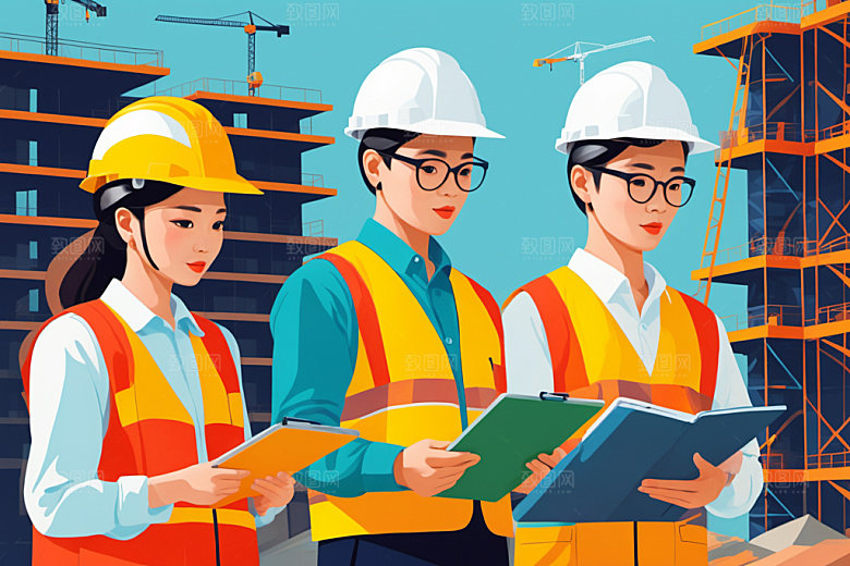 彩色工人建设工地插画