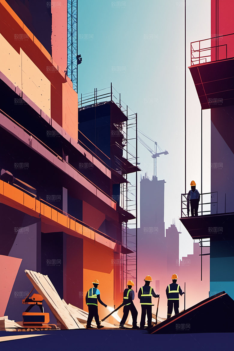 彩色工人建筑艺术插画
