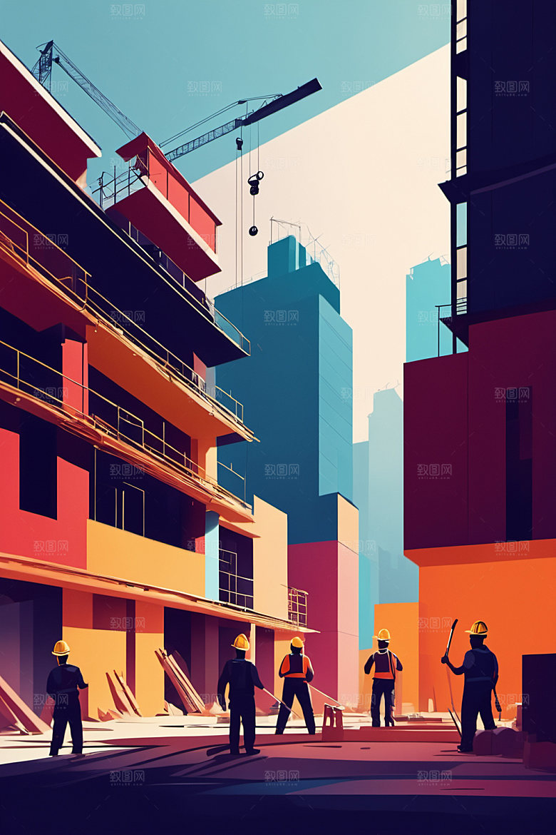 彩色工人工地建筑插画