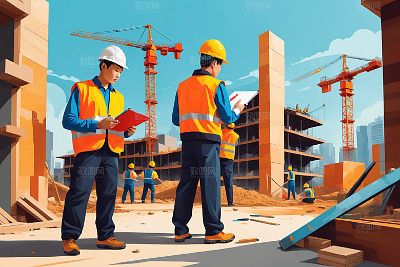 彩色工人建筑建设插画