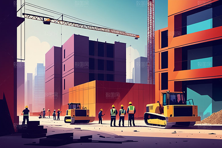 彩色工人工厂建设插画