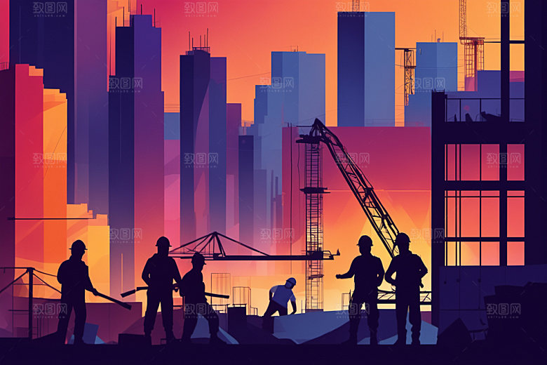 彩色工人建筑工厂插画
