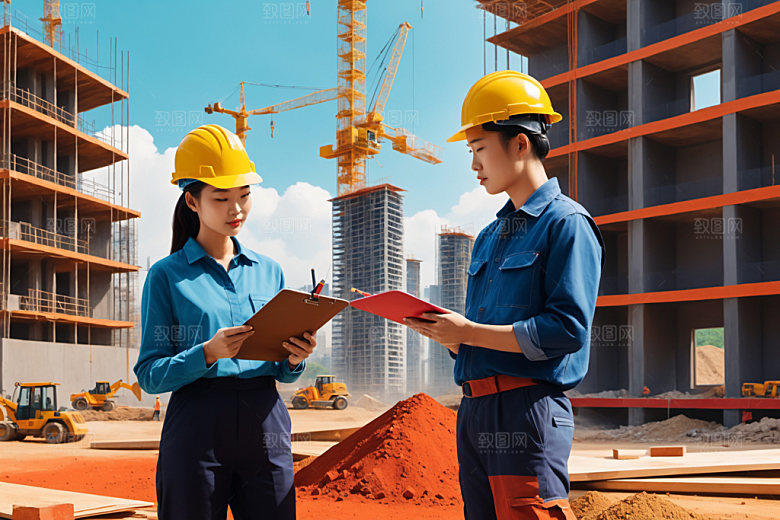 彩色工人人物建筑插画
