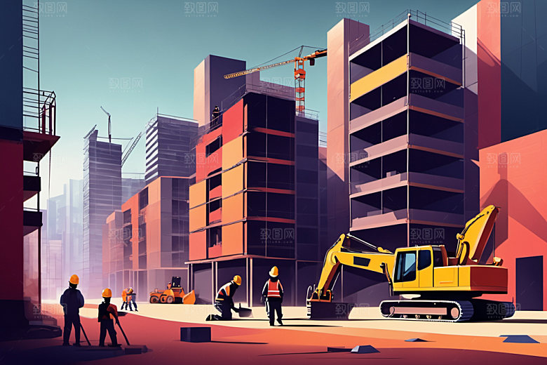 彩色工人建筑工地插画