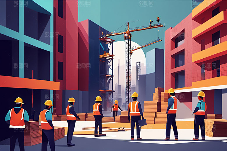彩色工人建设建筑插画