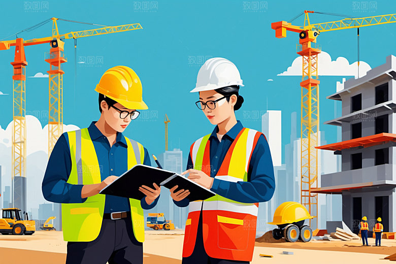 彩色工人工地建设插画