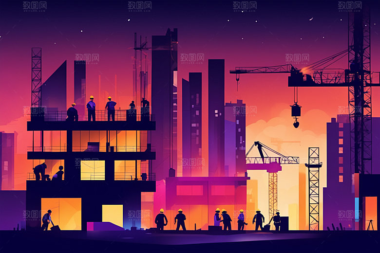 彩色工人工地建设插画