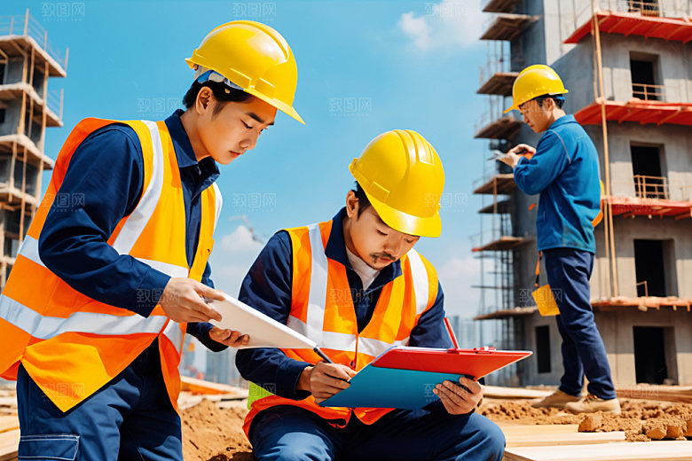 彩色工人风格化建筑插画